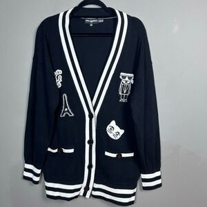 Karl Lagerfeld Varsity sweater cardigan Medium Cats Black Witchy Goth Patchwork